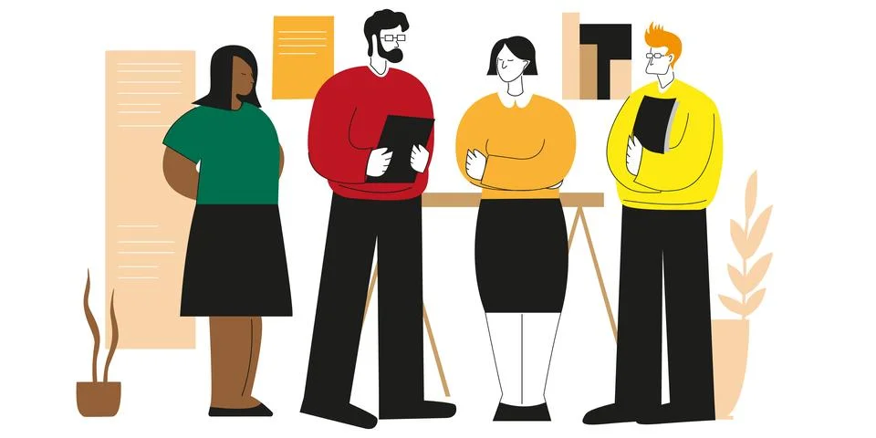 Office work. Manager sets tasks for his employees. Diverse colleagues Vector Stock Illustration