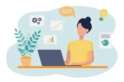 Office work, multitasking, Analytics. A woman is sitting at a Desk Stock Illustration