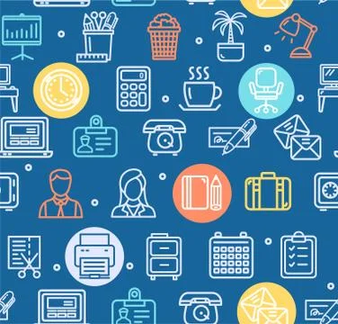 Office Work Pattern Background on a Blue. Vector Illustrazione stock