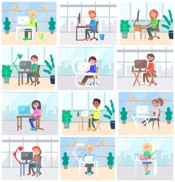 Office Work, People Working on Laptops Computer Stock Illustration