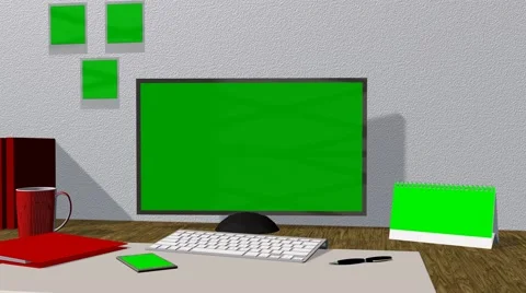 Office work place with green screen monitor, calendar, smartphone, pictures - 4K Stock-Footage 41963073