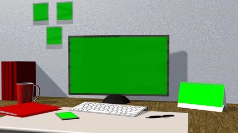 Office work place with green screen monitor, calendar, smartphone, pictures - 4K Stock Footage 41963136