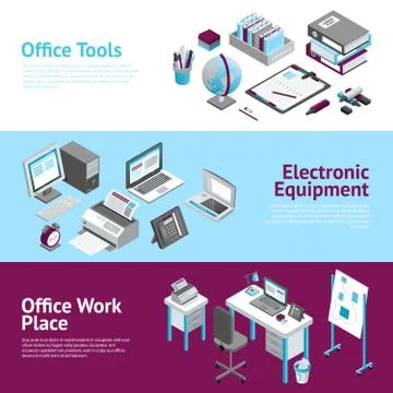 Office Work Place Isometric Banners Set Stock Illustration