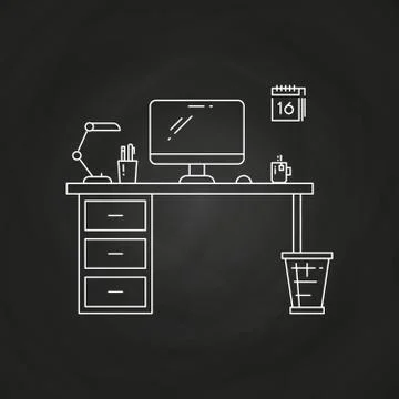Office work place with table, computer, lamp, calendar Stock Illustration