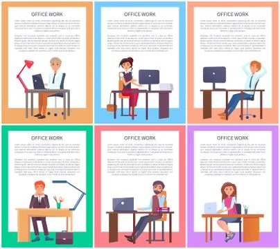 Office Work Posters Set Men Women Working Tables 스톡 일러스트