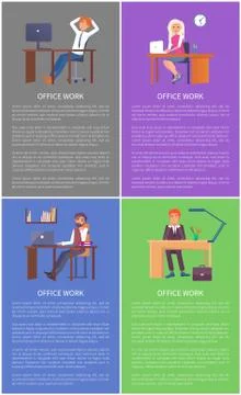 Office Work Posters Set Men Women Working Tables Illustrazione stock