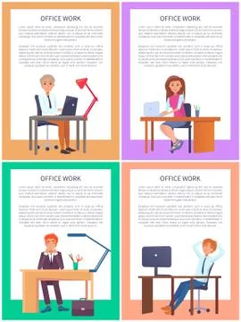 Office Work Posters Set Men Women Working Tables Stock Illustration