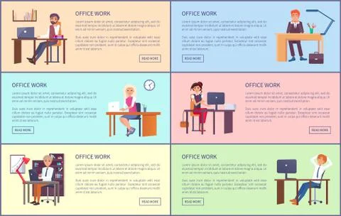 Office Work Posters Set Men Women Working Tables Stock Illustration