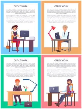 Office Work Posters Set Men Women Working Tables Illustrazione stock
