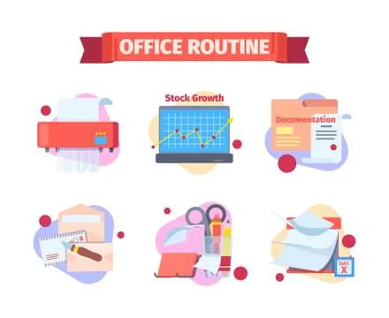 Office work routine set. Moments working schedule destruction papers by shredder Stock Illustration