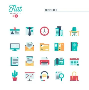 Office, work space and items, flat icons set Illustrazione stock