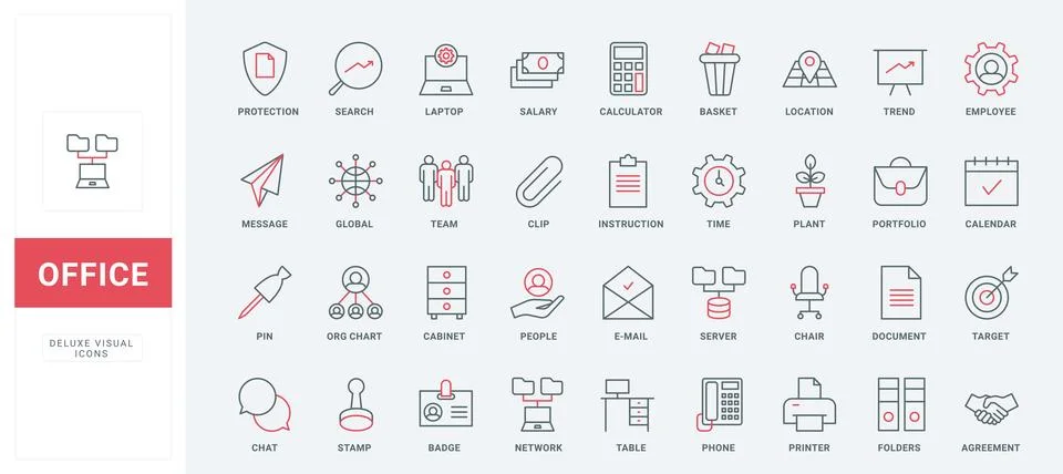 Office work thin black and red line icons set, stationery and documents to イラスト素材