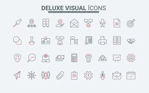 Office work thin black and red line icons set, business documents, calculator 스톡 일러스트