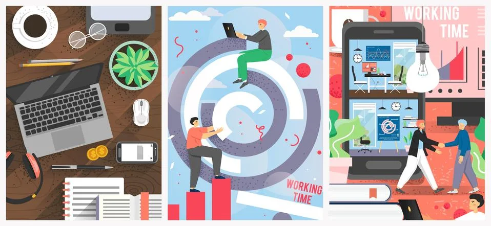 Office work vector poster banner template set Stock Illustration