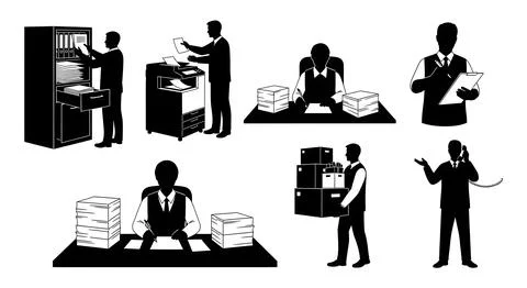 Office Worker Administrative Task Silhouettes, Set of Six Stock Illustration