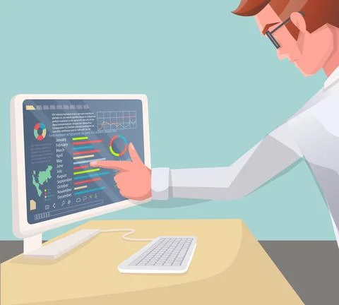 Office worker analyst at table with computer pointing to display with stocks Illustrazione stock