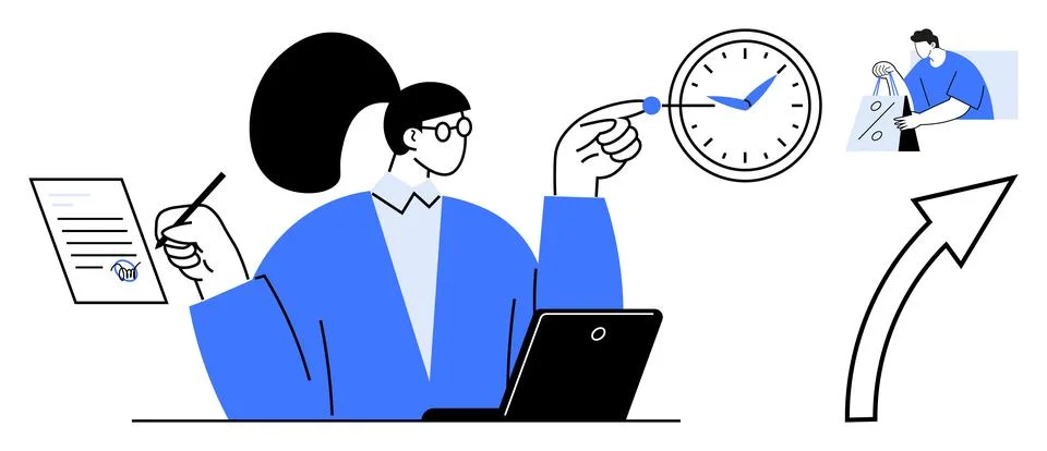 Office worker analyzing documents at the desk, planning tasks, pointing at th Illustrazione stock