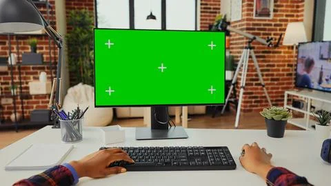 Office worker analyzing isolated greenscreen on computer Stock Photos