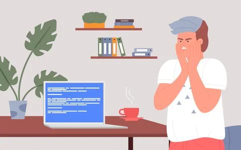 Office worker and broken computer, angry student watching blue error warning Stock Illustration
