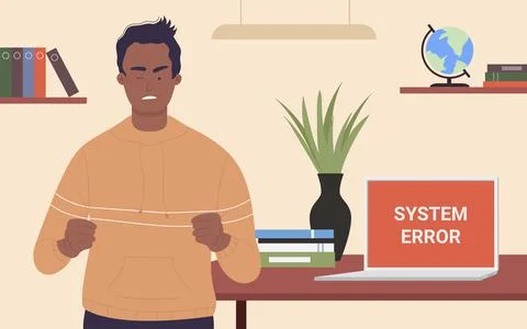 Office worker and broken computer, angry businessman watching blue error warning Stock Illustration