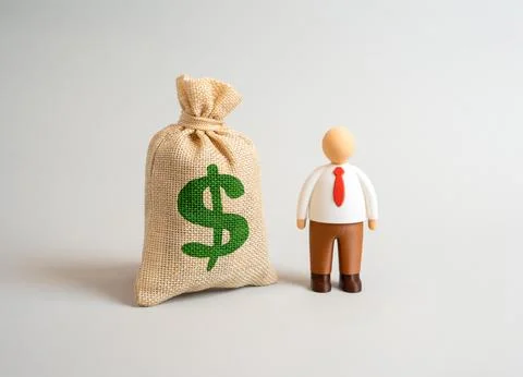 Office worker and dollar money bag. Financial independence, wage growth, and  Stock Photos
