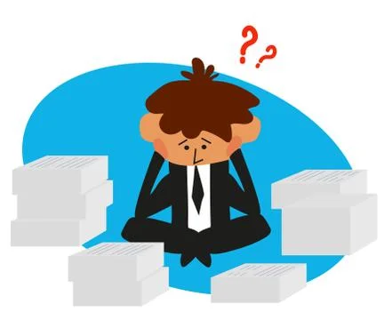 Office worker and a stack of papers on a blue background. Cartoon. Stock Illustration