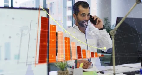 Office worker answering phone about sales drop while taking notes, 3D chart Stock Footage 321121331