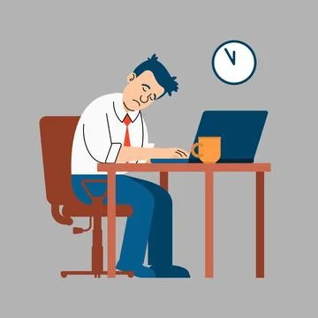Office worker asleep at desk after working late. Concept of overwork, burno.. Stock Illustration