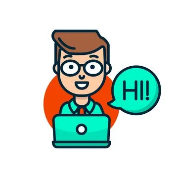 Office worker behind laptop flat line vector icon Stock Illustration
