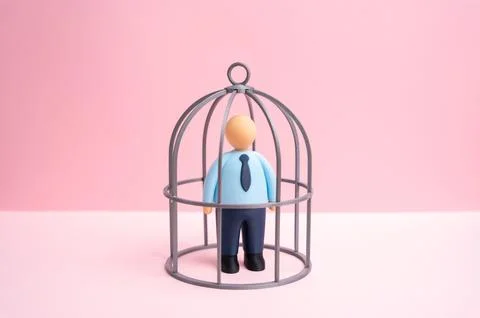 Office worker in a cage. Contractual obligations. NDA agreement. Restrictio.. Stock Illustration