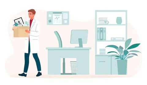 Office worker carrying box with items leaving desk, symbolizing resignation.. Stock Illustration