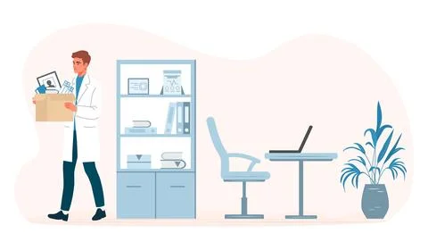 Office worker carrying box of personal items leaving workplace with desk, c.. Stock Illustration