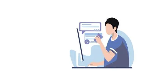 Office worker character with computer and having a drink illustration. Illustrazione stock