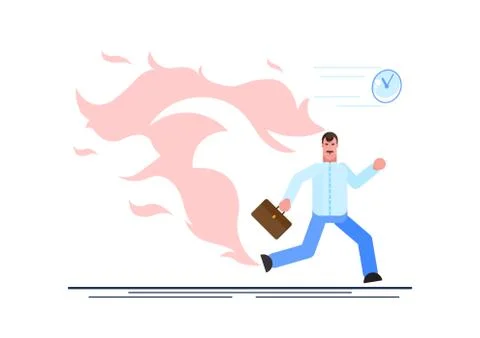 Office worker character running with back on fire. Deadline and rush hour. Ve Stock Illustration