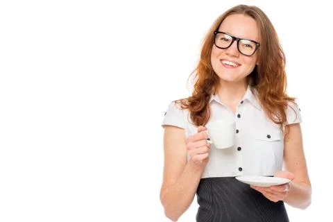 Office worker with a cup of coffee, left space on a white background Stock Photos
