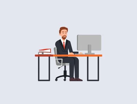 Office worker at desk behind desktop computer, flat vector illustration isolated Stock Illustration