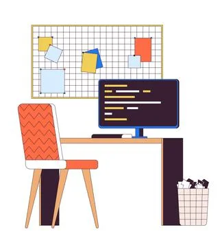 Office worker desk with computer 2D linear cartoon objects Stock Illustration