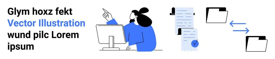 Office worker at desk with computer pointing at document. Documents and folde Stock Illustration