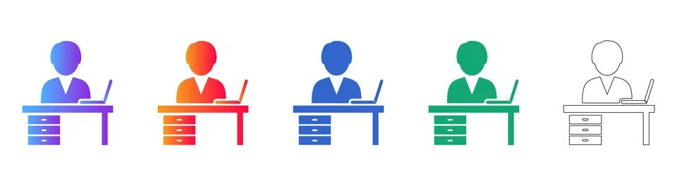 Office Worker at Desk Icon Set Illustration