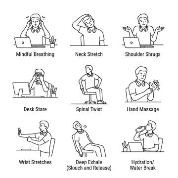 Office Worker Desk Stretches, Mindful Breathing, Neck Stretch, Shoulder Shr.. Stock Illustration
