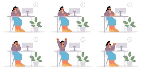 Office worker different emotions and activities Stock Illustration