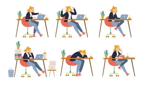 Office worker different emotions and activities Stock Illustration