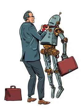 The office worker is dissatisfied with the work of the robot. Protest against Stock Illustration