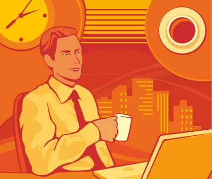 Office worker drinking coffee and checking on her computer Stock Illustration