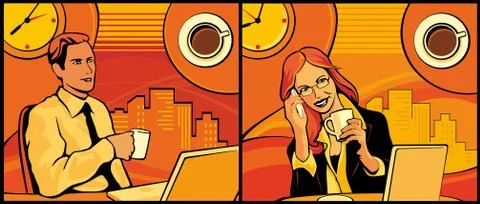 Office worker drinking coffee and checking on her computer Stock Illustration