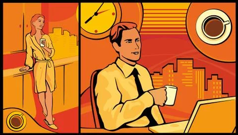 Office worker drinking coffee and checking on her computer Stock Illustration