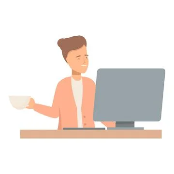 Office worker drinking coffee and working on computer Stock Illustration