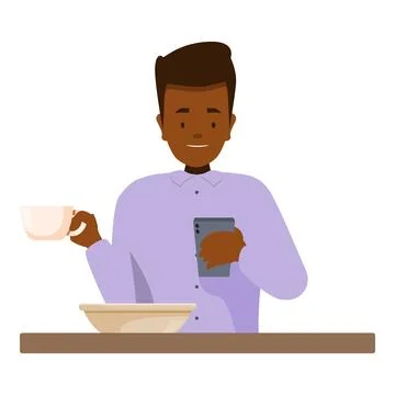 Office worker drinking coffee and using smartphone at breakfast table Stock Illustration