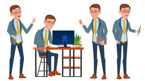 Office Worker . Face Emotions, Various Gestures. Adult Business Male. Successful Stock Illustration