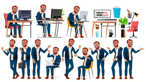 Office Worker . Face Emotions, Various Gestures. In Action. Businessman Male Illustrazione stock